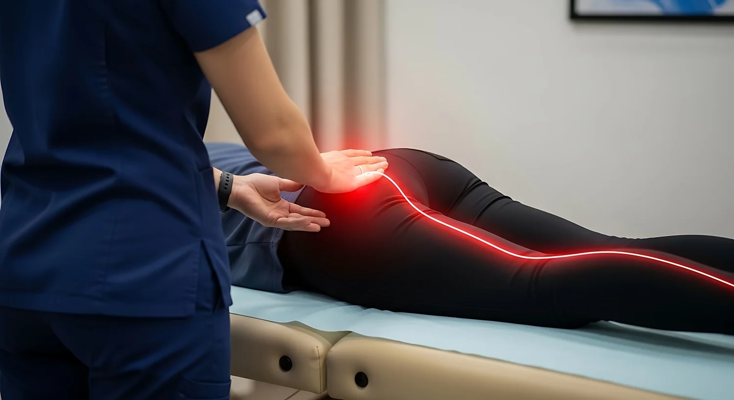 Physiotherapist performing therapeutic lower back massage to treat sciatica.