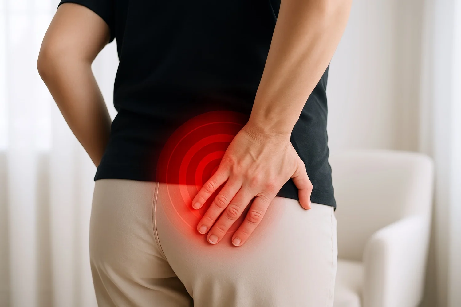 Elderly woman holding her lower back showing typical sciatica symptoms and pain.