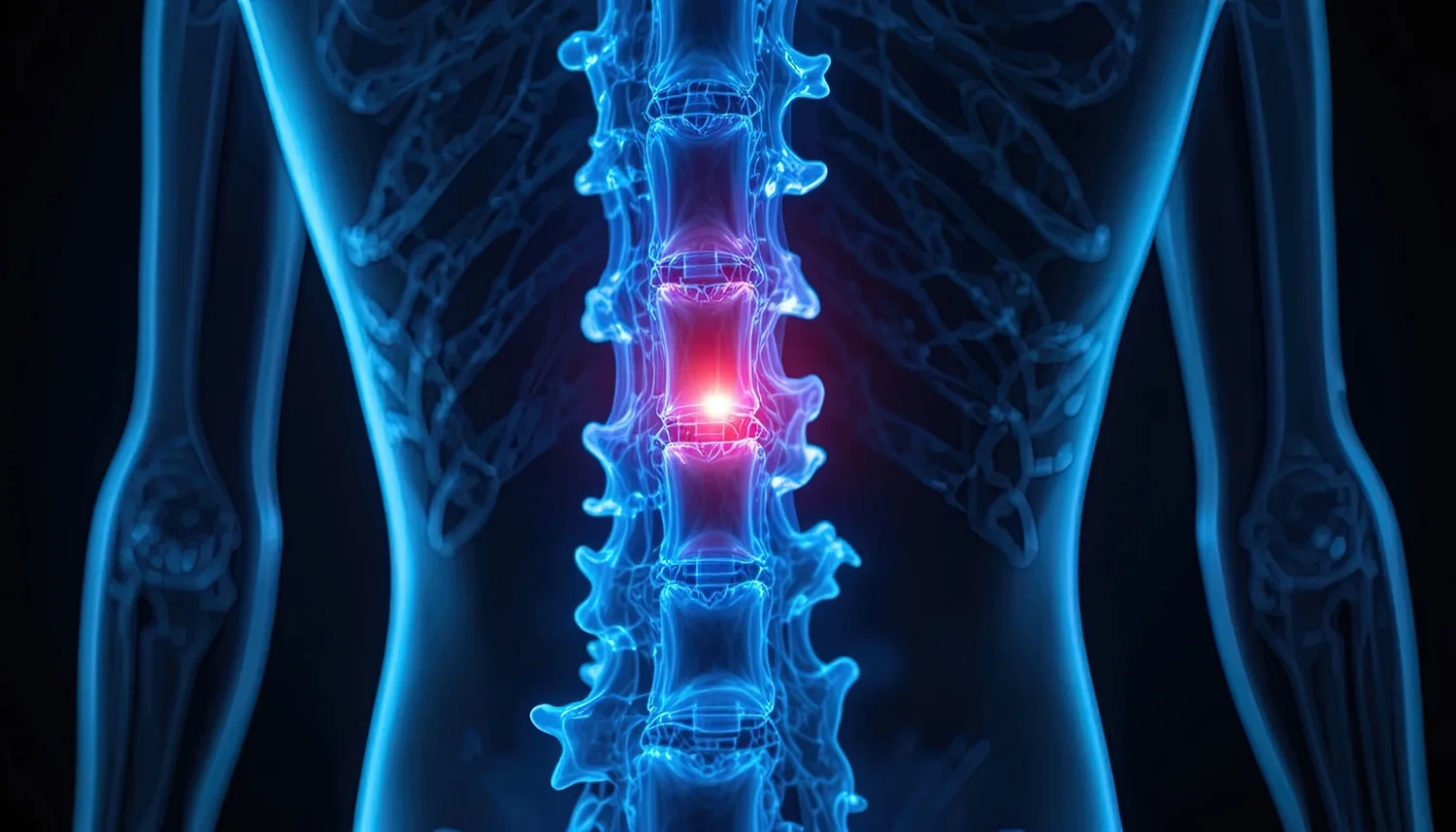 Graphic illustration of slipped disc in back showing pain location on spine.